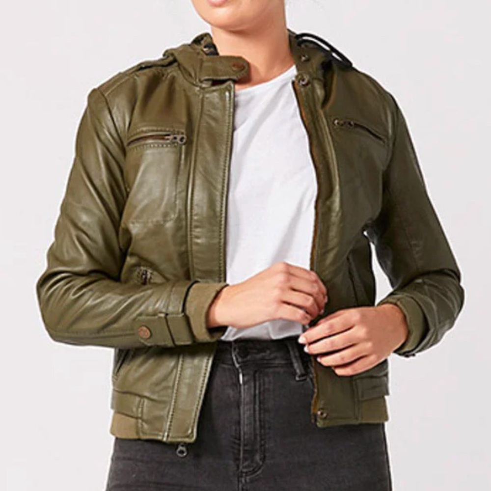 Olive Leather Hooded Bomber